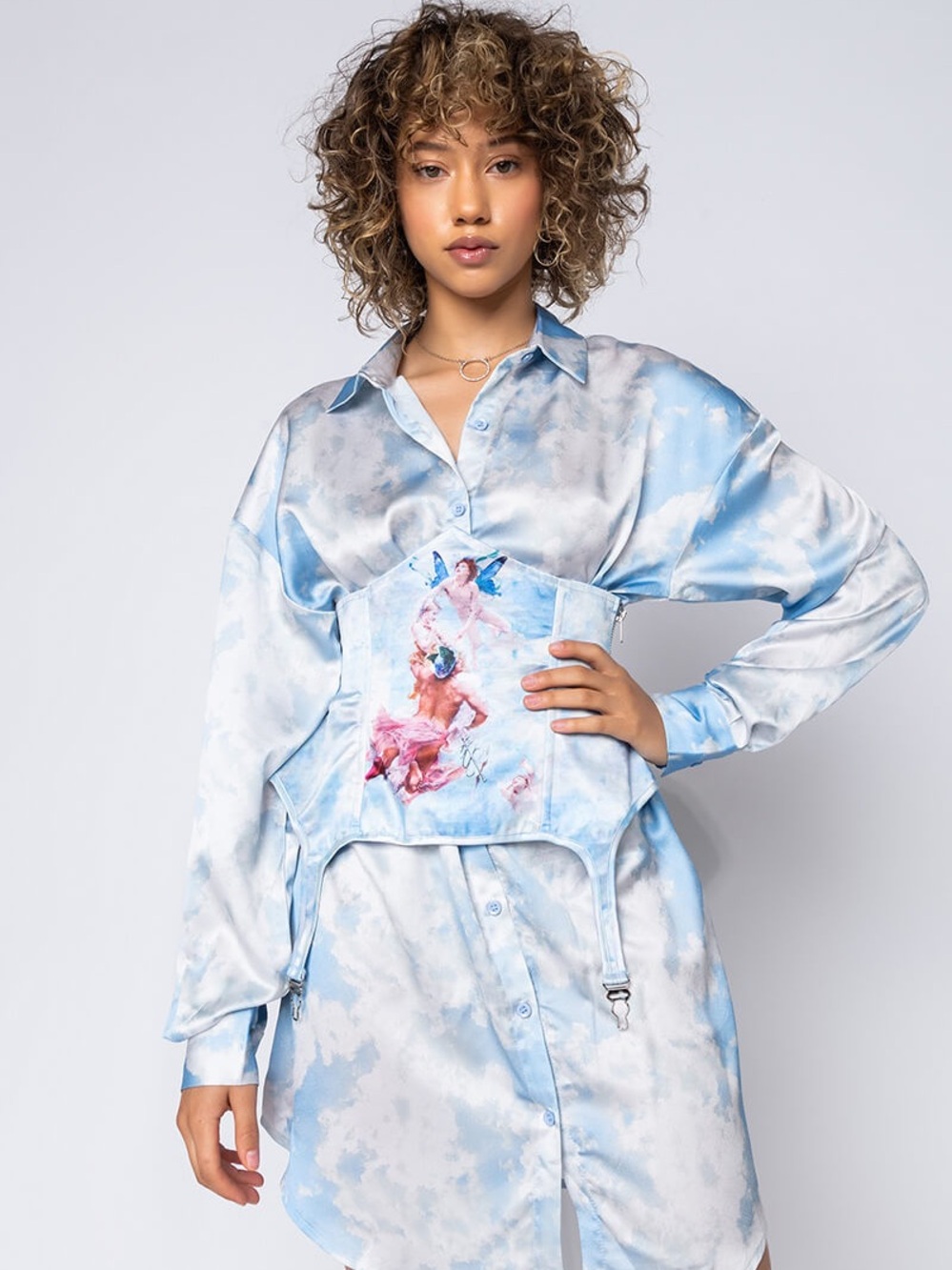 AKIRA Sky-Print Satin Corset Dress in Light Blue - Picture 3 of 17